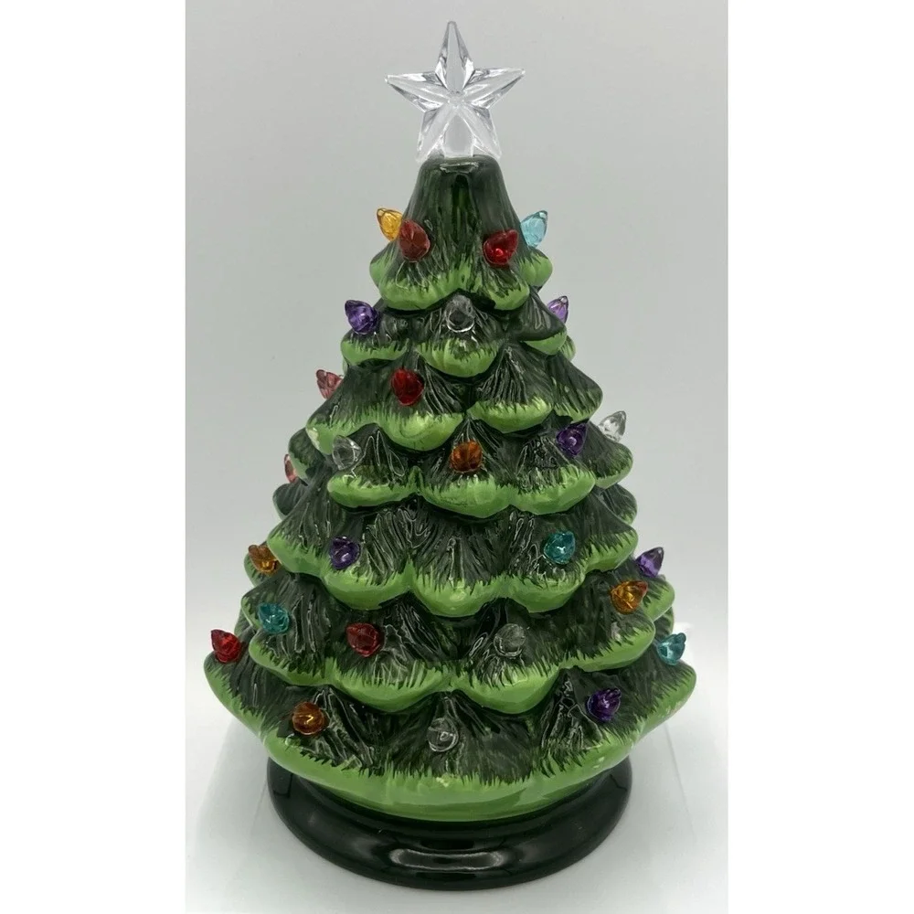 RAZ Imports Green Ceramic Lighted Christmas Tree Multi Color Batteries